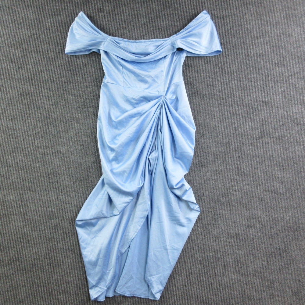 PRETTYLITTLETHING Dress Womens 10 Blue Satin Draped Bardot Midi Bodycon NWT